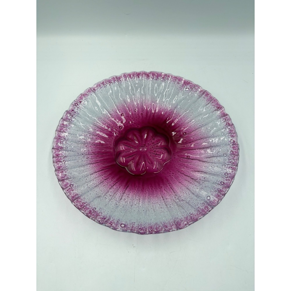 Vintage Murano Style Pink Art Glass Bowl Ruffled Controlled Bubble Unsigned